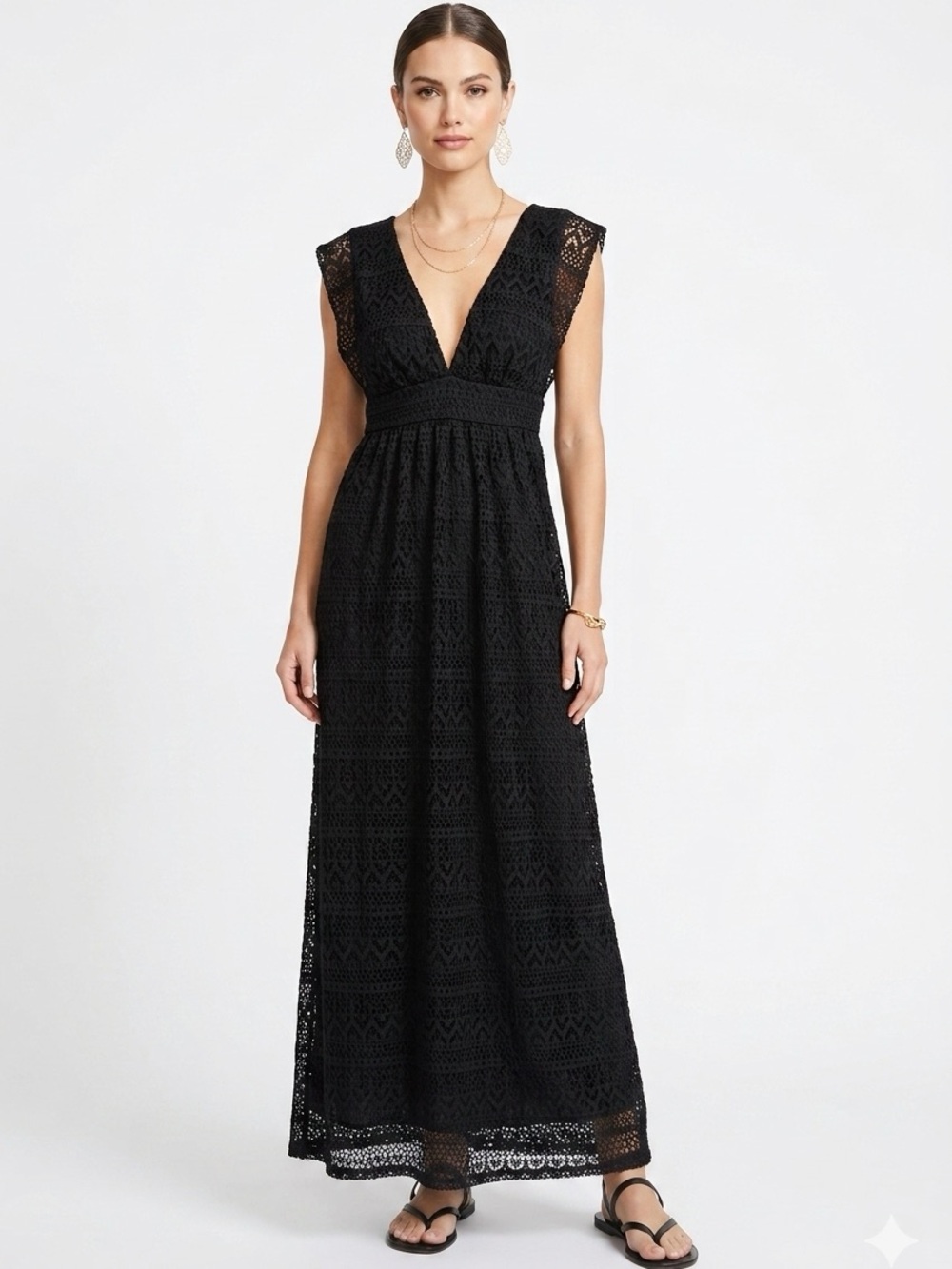 NWOT Vintage Vibes Black Eyelet Crochet V-Neck Flutter Sleeve Maxi Dress